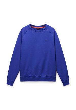Blå sweatshirt med rund halsringning, långa raglanärmar och ribbade cuffs. Har en liten logotyp på bröstet, tillverkad av mjukt tyg.
