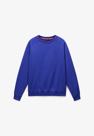 Felpa blu con collo a giro, maniche lunghe a raglan e polsini a coste. Presenta un piccolo logo sul petto, realizzata in tessuto morbido.