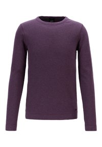 T-shirt à manches longues violet en tissu texturé, avec un col rond et un détail logo subtil à l'ourlet.