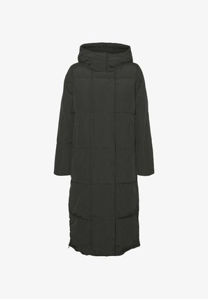 Long puffer coat in dark green, featuring a hood, square quilted pattern, and wide sleeves. Smooth, matte exterior with a loose fit.