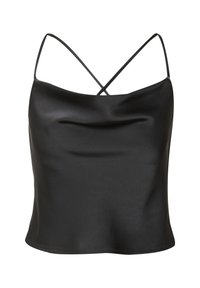 Zwarte satijnen camisole met een gladde textuur, voorzien van dunne, kruislings verlopende bandjes en een licht gedrapeerde halslijn. Rechte zoom aan de onderkant.