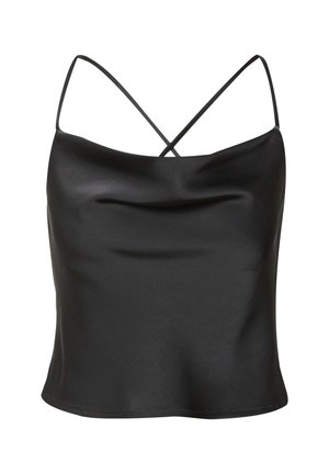 Schwarzes Satin-Camisole mit glatter Textur, dünnen, überkreuzten Trägern und einem leicht drapierten Ausschnitt. Gerader Saum am unteren Ende.