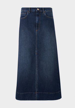 Sötétkék farmer A-vonalú szoknya, térd alatti, elülső varrással, öt övhurkokkal, gombos záródással és kontrasztos varrási részletekkel.