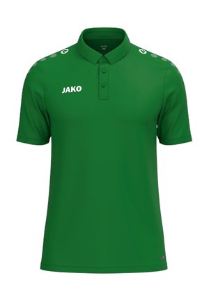 Grøn kortærmet polo-shirt med krave, tre knapper, hvidt "JAKO" logo på brystet og prikkede striber på skulderpanelerne.