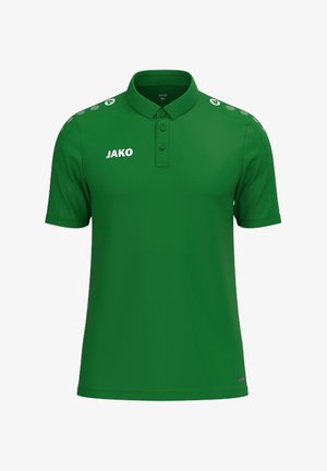 Polo vert à manches courtes avec col, trois boutons, logo blanc "JAKO" sur la poitrine et rayures en pointillés sur les panneaux d'épaule.