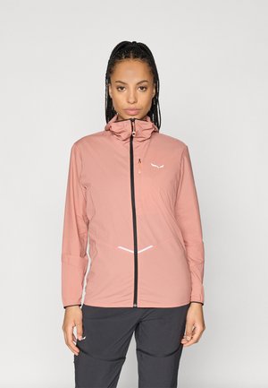 Lightweight, pink windbreaker jacket with a zip front, adjustable hood, and black accents. Features logo and reflective trim.