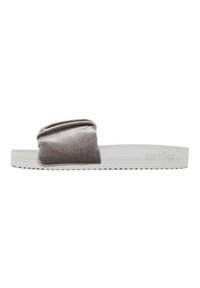 Gray fabric slide sandal with a ribbed texture on the strap, white rubber sole, and textured bottom for grip. Branding on the side.