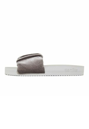 Gray fabric slide sandal with a ribbed texture on the strap, white rubber sole, and textured bottom for grip. Branding on the side.