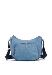 Borsa a spalla sintetica blu con motivo impresso, hardware dorato, chiusura con cerniera e tracolla regolabile. Presenta una tasca frontale.