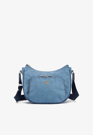 Borsa a spalla sintetica blu con motivo impresso, hardware dorato, chiusura con cerniera e tracolla regolabile. Presenta una tasca frontale.