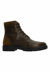 Bruine leren en suède enkelboot met een ronde neus, veterontwerp, gestructureerd oppervlak en een robuuste rubberen zool.
