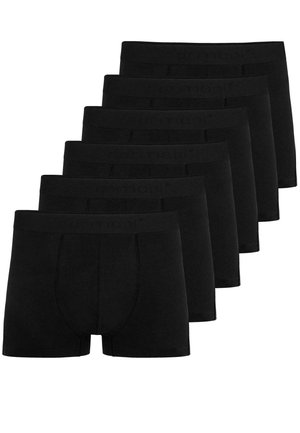Schwarze Baumwoll-Boxershorts mit einfarbigem Design, elastischem Bund mit Logo und schmaler Passform. Sechs Paar in einer Reihe ausgestellt.