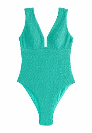 Turquoise one-piece swimsuit with a deep V-neck, textured herringbone pattern, wide shoulder straps, and high-cut leg openings.