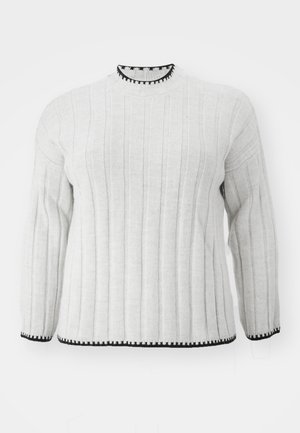 Gai pelēks ribots džemperis ar garām piedurknēm, kam ir melna apdare augstajā kaklā un apakšmalā. Maiga tekstūra un ikdienišķs dizains.