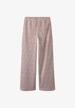 Lichtroze brede broek met een diamantpatroon en een opengeweven textuur. Elastische tailleband, enkel-lang met een losse pasvorm.