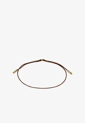 Verstellbares braunes Kordelarmband mit goldfarbenen Metallenden und einem Schiebeschloss zur Größenanpassung.
