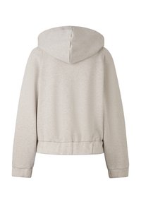 Hættegrå sweatshirt i lys grå med et cropped design, ribbede manchetter og talje, lavet af blødt, tekstureret stof. Vist fra bagsiden.