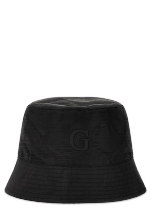 Black bucket hat made of textured fabric with a subtle camo pattern. Features a raised black 'G' logo on front and a wide, flexible brim.