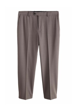 Gray tailored trousers made of smooth fabric, featuring a flat front, side pockets, and a single button closure at the waist.