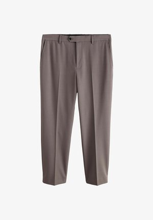 Gray tailored trousers made of smooth fabric, featuring a flat front, side pockets, and a single button closure at the waist.