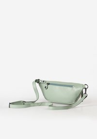 Lichtgroene leren heupzak met een ritssluiting aan de voorkant, verstelbare schouderband en een soepele textuur. Voorzien van metalen hardwareaccenten.