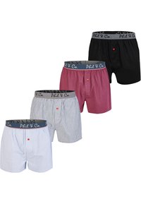 Vier Paare Herrenboxershorts in verschiedenen Mustern: einfarbig schwarz, rot kariert, blau gestreift und hellblau mit einem Knopf. Grauer elastischer Bund.