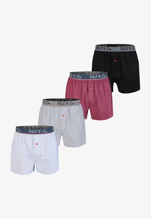 Čtyři páry pánských boxerů v různých vzorech: jednobarevné černé, červené kostkované, modré pruhované a světle modré s knoflíkem. Šedý elastický pás.