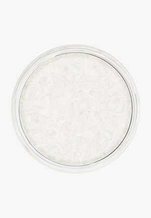 White powder in a clear, round container with a textured surface. The rim is smooth, with a thin black line outlining the top.