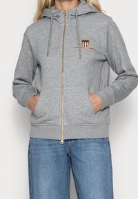 Sweatshirt à capuche zippé gris en tissu doux, avec une fermeture éclair dorée, un cordon de serrage à la capuche et un logo brodé sur la poitrine. Poignets et ourlet côtelés.