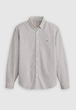Camisa de manga larga a rayas en gris claro y blanco, de material de algodón, con cuello abotonado, que presenta un logo bordado en el pecho.