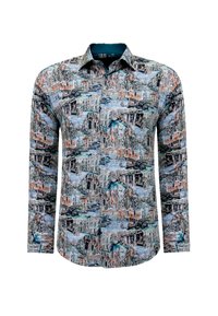 Langarmshirt met een meerkleurige stadsbeeldprint, button-down kraag en gestructureerde stof. Levendige ontwerpen die het hele oppervlak bedekken.