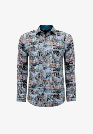 Langarmshirt met een meerkleurige stadsbeeldprint, button-down kraag en gestructureerde stof. Levendige ontwerpen die het hele oppervlak bedekken.