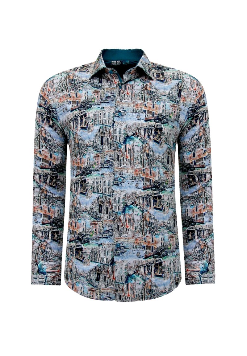 Langarmshirt met een meerkleurige stadsbeeldprint, button-down kraag en gestructureerde stof. Levendige ontwerpen die het hele oppervlak bedekken.