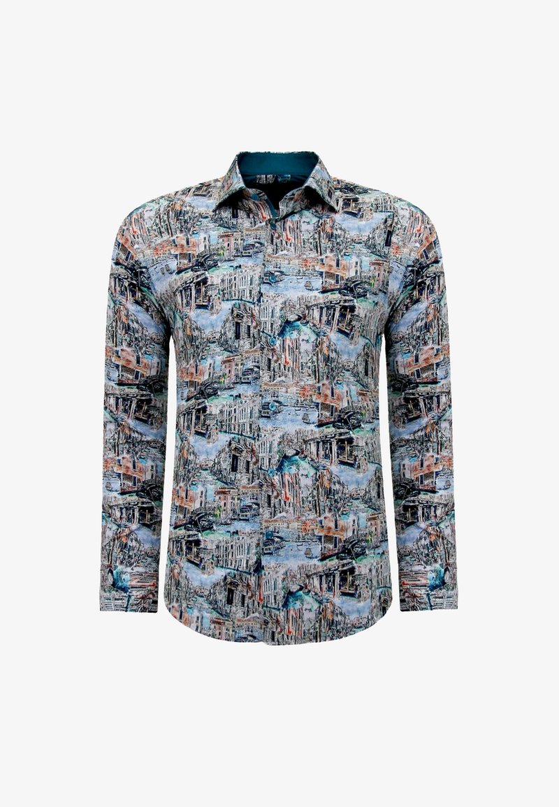 Langarmshirt met een meerkleurige stadsbeeldprint, button-down kraag en gestructureerde stof. Levendige ontwerpen die het hele oppervlak bedekken.