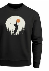 Black sweatshirt featuring a silhouette of a dog reaching for an orange sun, surrounded by trees and birds, creating a nature-themed design.