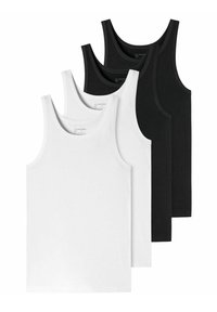 Four sleeveless tank tops; two white and two black. Made from cotton, featuring a classic design with rounded necklines and regular fit.