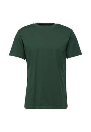Zelené bavlněné tričko, krátké rukávy, kulatý výstřih, normální střih, hladká textura, jednoduchý design, žádné viditelné loga ani vzory.