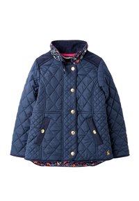Chaqueta acolchada azul marino con un forro interno de estampado floral, botones de presión dorados y detalles en los hombros en azul marino. Presenta dos bolsillos laterales.