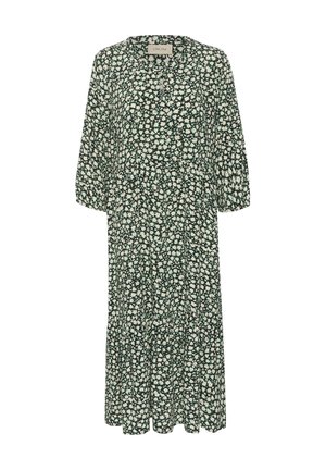 Green floral dress with three-quarter sleeves, a round neckline, and a flared bottom. Features a daisy pattern on soft, lightweight fabric.