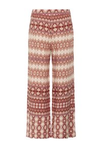 Pantalons à pattes larges en tissu beige avec des motifs complexes de couleur rouille, taille élastique et designs contrastés sur toute la surface.