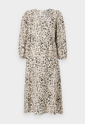 Rochie cu imprimeu de leopard în nuanță bej, cu mâneci scurte tip balon, talie strânsă și fustă fluidă. Realizată dintr-un material ușor, cu model.