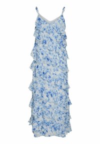 Robe maxi sans manches bleu clair à imprimé floral avec volants superposés et bretelles spaghetti ajustables.