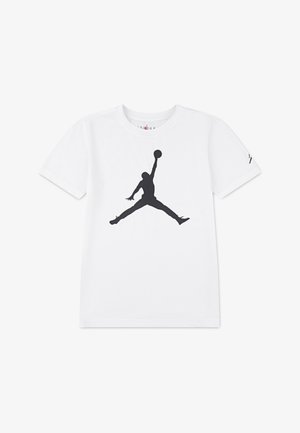 Camiseta blanca de algodón con silueta del logo de Jordan en negro, cuello redondo, mangas cortas y sin patrones visibles ni acentos adicionales.