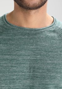 Grüner Strickpullover mit rundem Ausschnitt und kurzen Ärmeln, ausgestattet mit einer strukturierten Oberfläche und dezenten Farbvariationen.