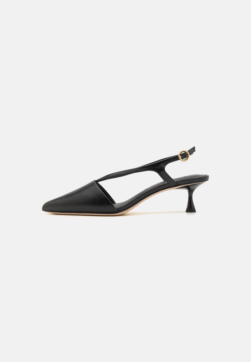 Black leather slingback shoe with a pointed toe, cut-out side design, and a small gold-accented heel. Smooth texture and minimalist style.