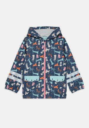 Waterproof jacket with a navy blue background, featuring colorful animal patterns, a hood, and reflective stripes on the sleeves.