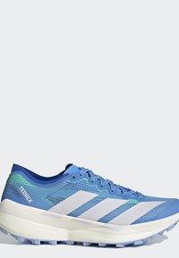 Μπλε και λευκό παπούτσι τρεξίματος Adidas Terrex με υφή στη σόλα και σχέδιο με κορδόνια σε ανοιχτό γκρι φόντο.