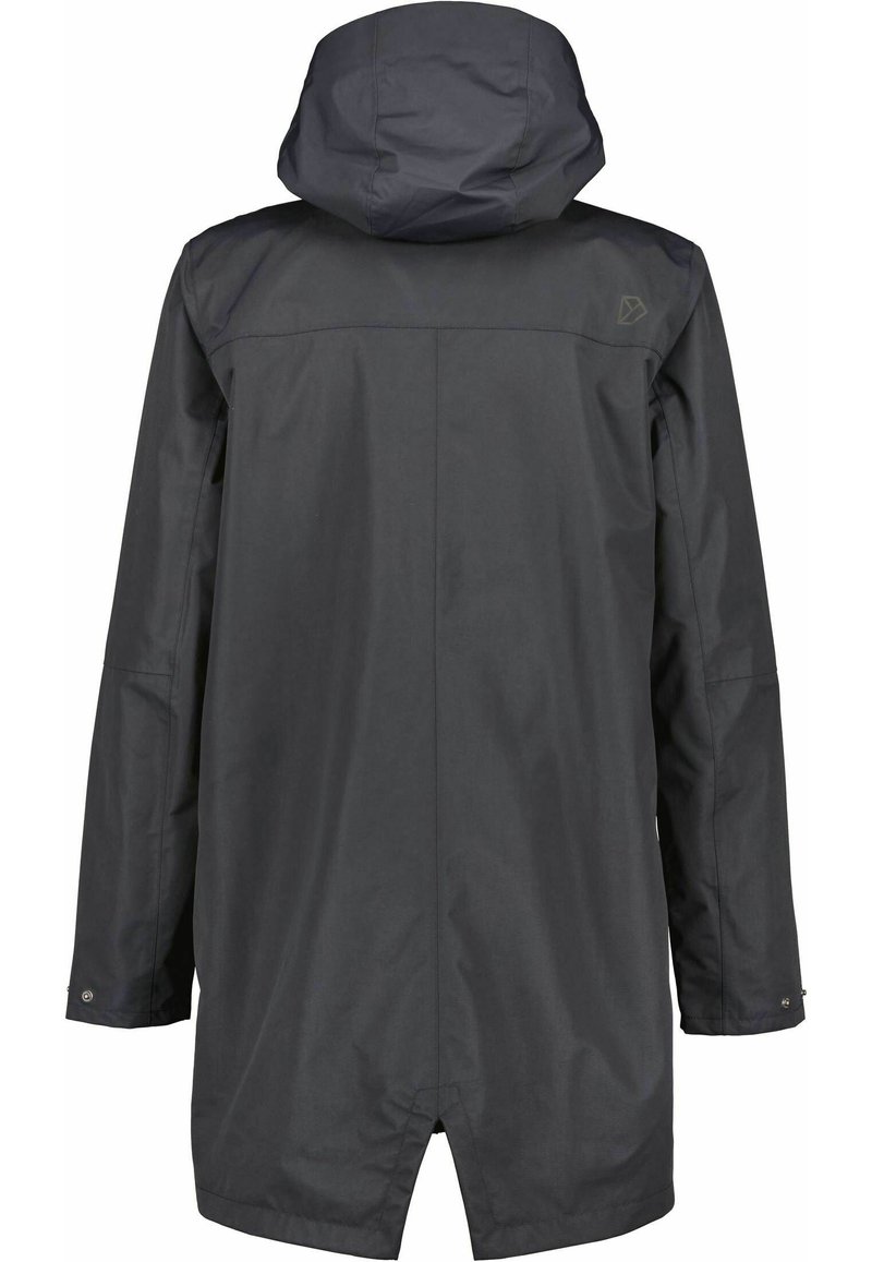 Dunkelgraue wasserdichte Jacke mit Kapuze, verstellbaren Bündchen und langem Schnitt. Sie verfügt über eine glatte Oberfläche und ein minimalistisches Design ohne sichtbare Hardware.