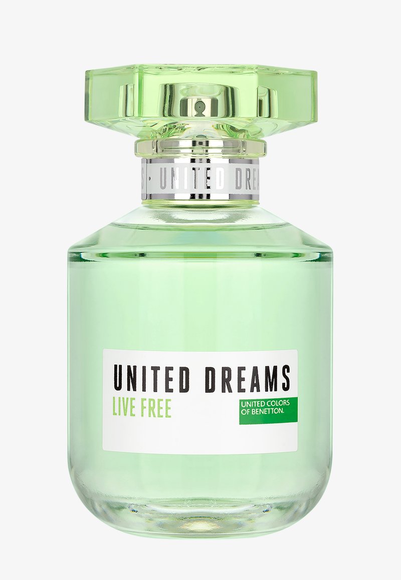 Transparante lichtgroene parfumfles met de tekst "United Dreams Live Free" van United Colors of Benetton met een gefacetteerde groene dop.