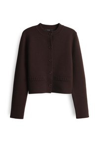 Dark brown knitted cardigan with round neckline, long sleeves, five front buttons, and two small ribbed pocket details.